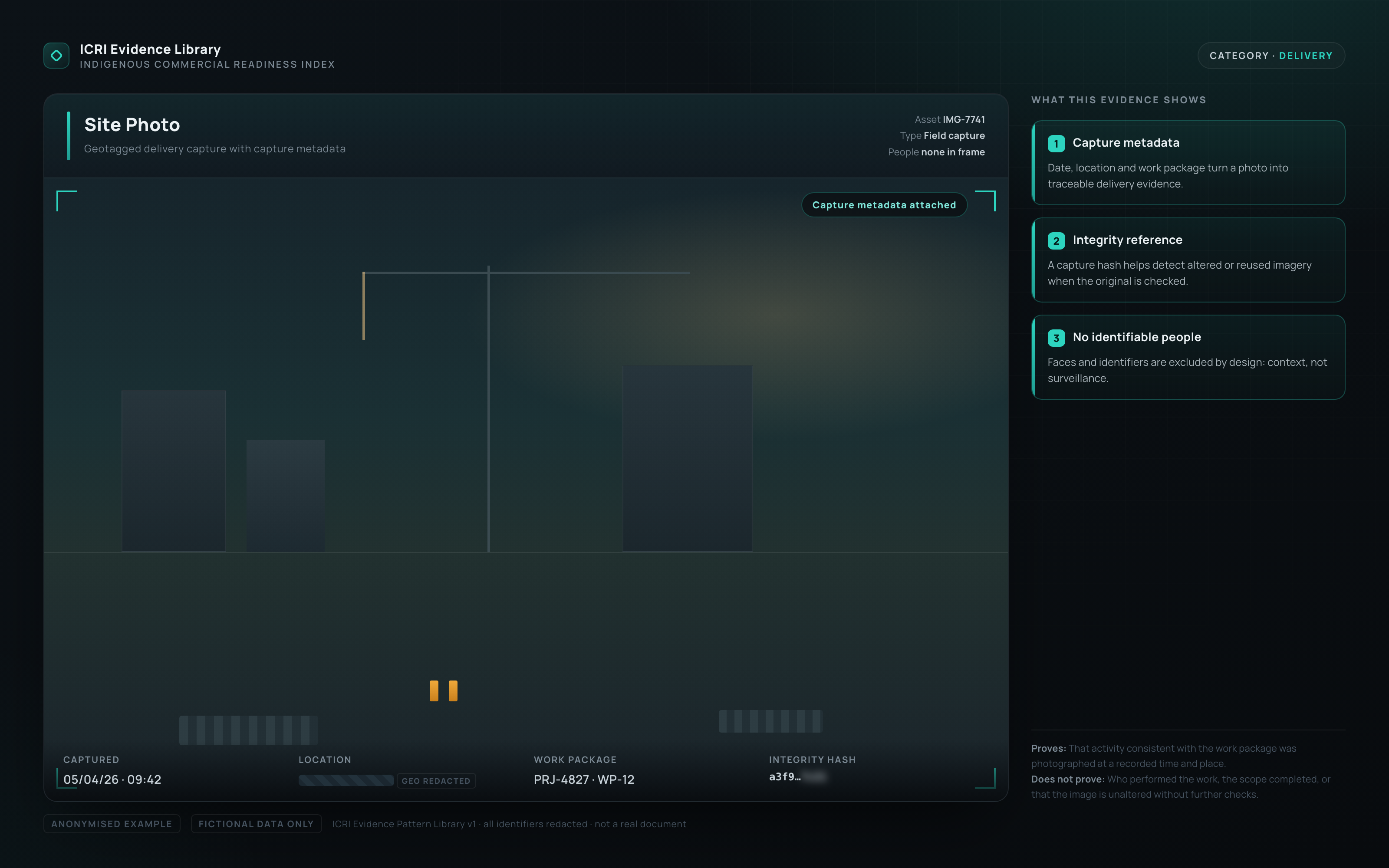 Stylised dark project-site image frame with abstract structures, a crane and material stacks and no identifiable people, overlaid with a teal metadata chip and a metadata bar showing capture date, redacted location, work package and integrity hash.
